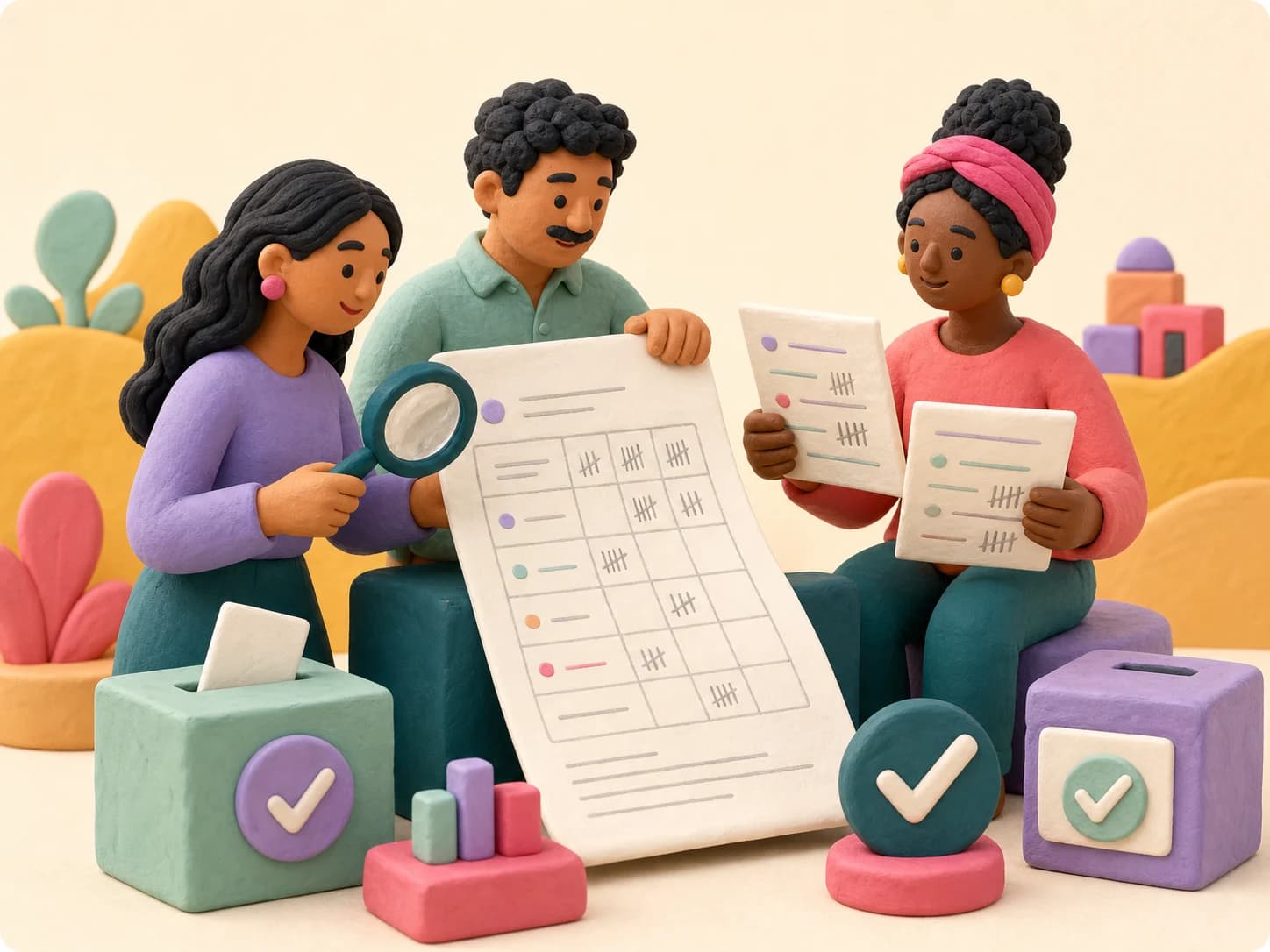 Personas revisando colaborativamente documentos electorales